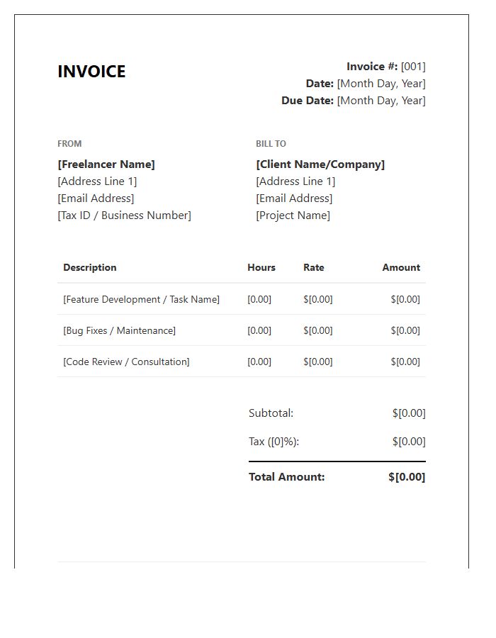 Freelance Developer Monthly Hours Invoice Template