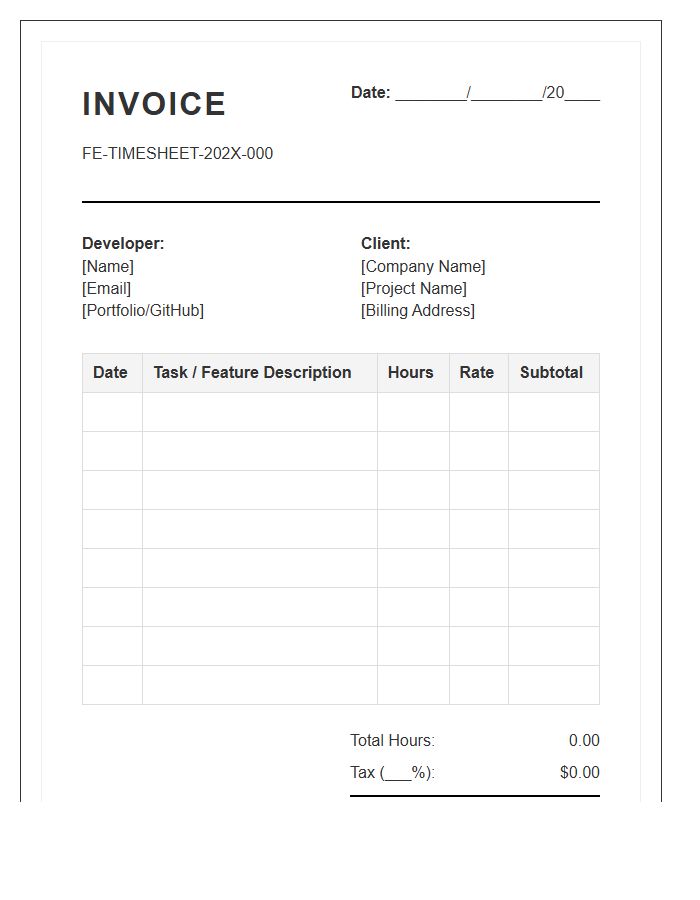 Frontend Developer Monthly Timesheet Invoice Template