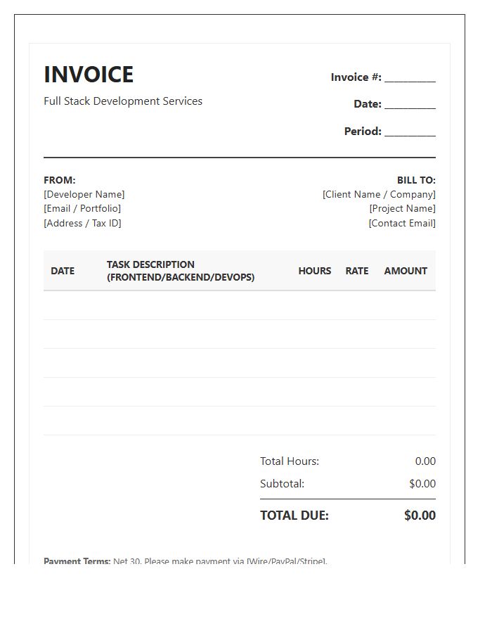 Full Stack Developer Monthly Timesheet Invoice Template