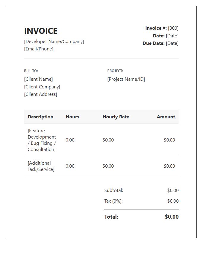 Hourly Billing Software Developer Invoice Template