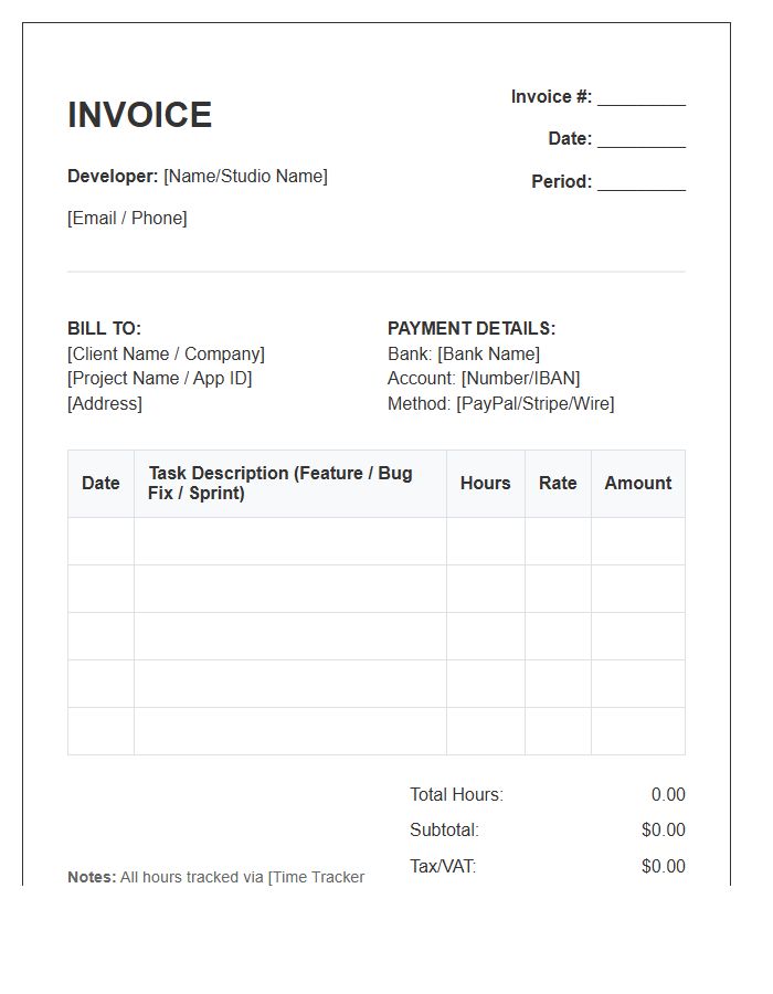 Mobile App Developer Monthly Timesheet Invoice Template