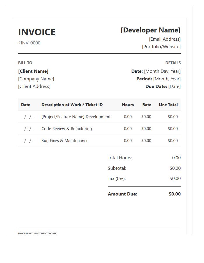 Professional Developer Monthly Timesheet Invoice Template