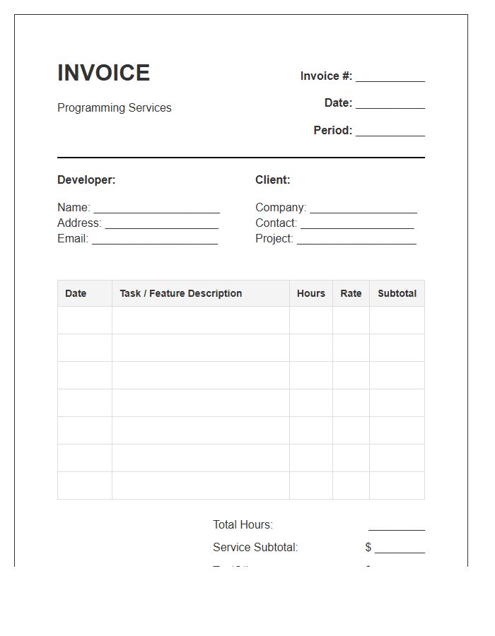 Programming Services Monthly Timesheet Invoice Template