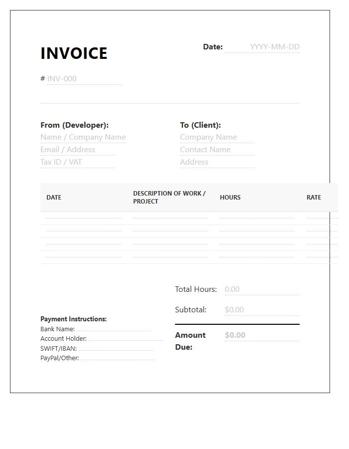 Remote Developer Monthly Timesheet Invoice Template