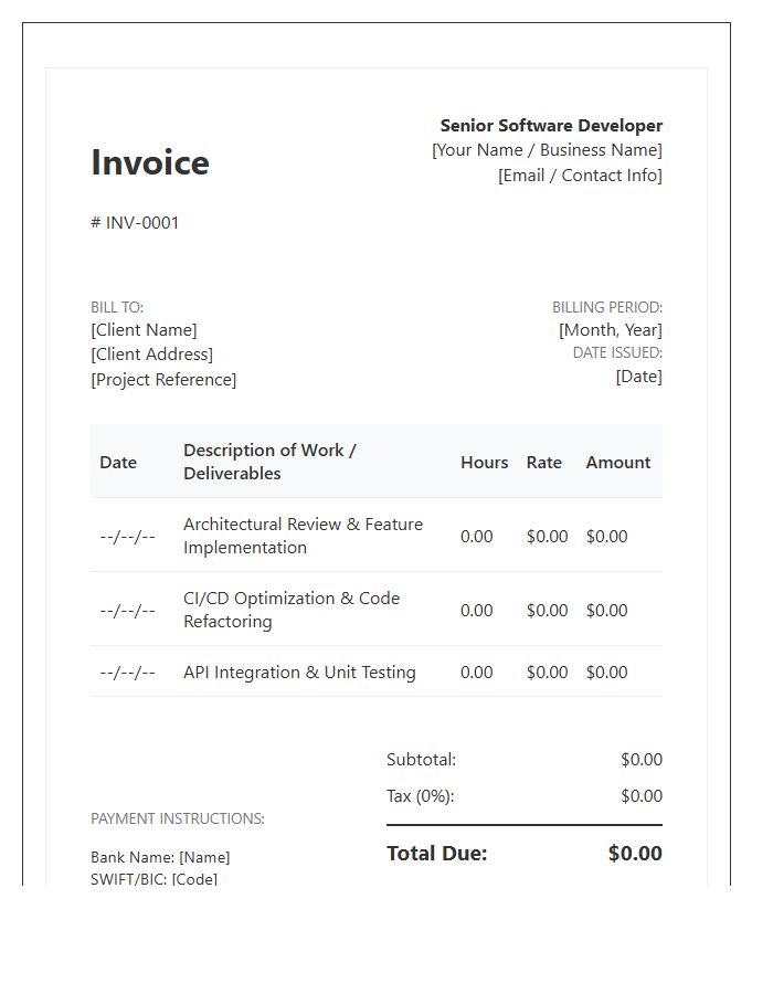 Senior Developer Monthly Timesheet Invoice Template