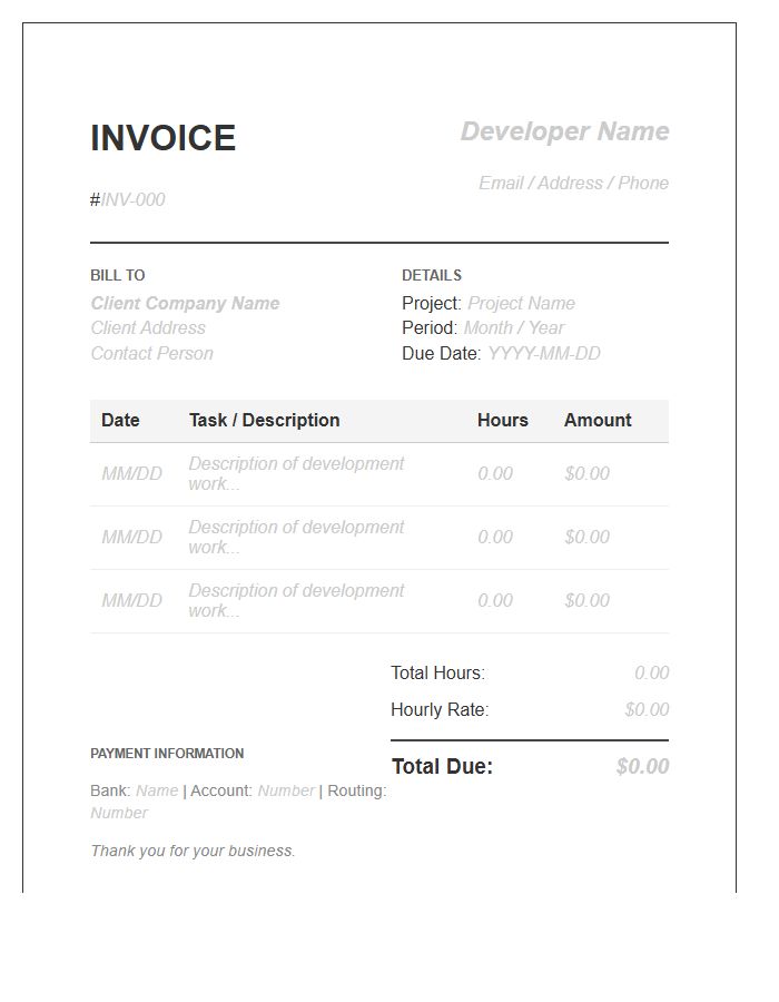 Software Developer Monthly Timesheet Invoice Template