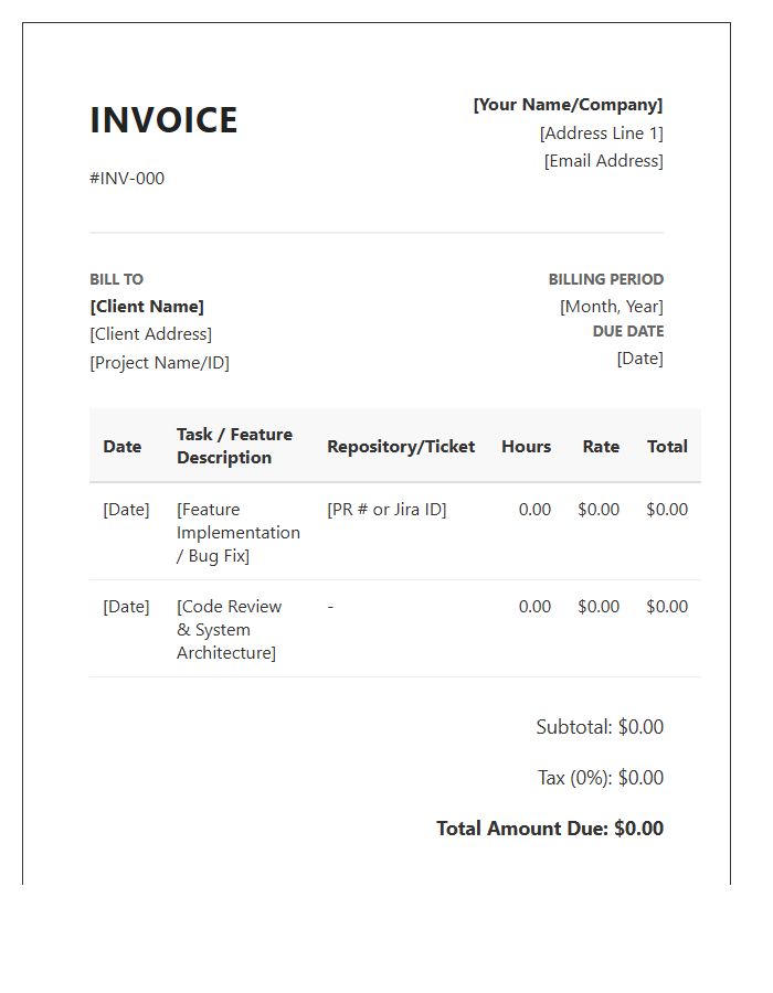 Software Engineer Monthly Log Invoice Template
