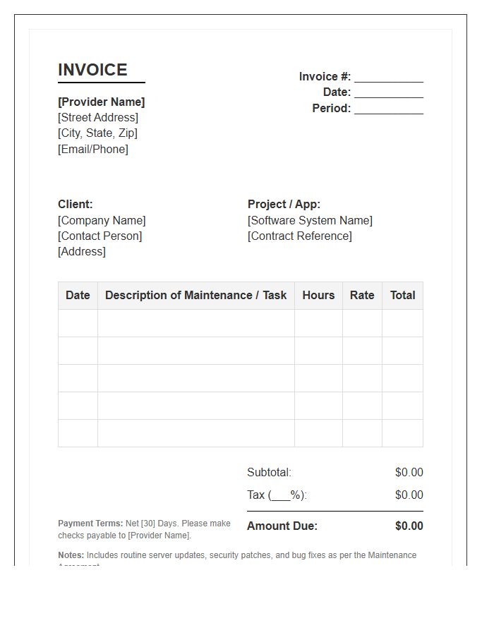 Software Maintenance Monthly Timesheet Invoice Template