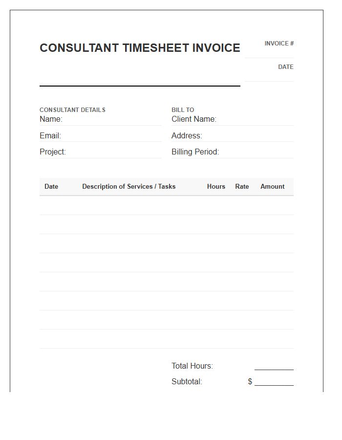 Tech Consultant Monthly Timesheet Invoice Template