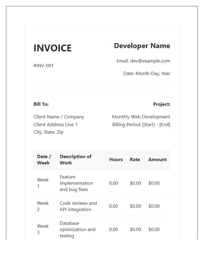 Web Developer Monthly Hours Invoice Template