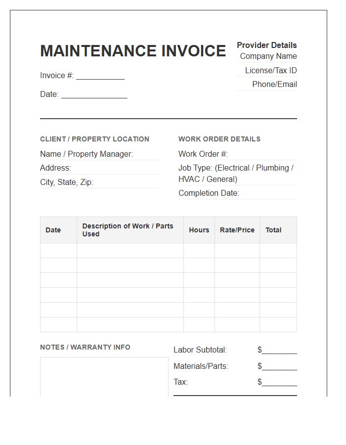 Building Maintenance Timesheet Invoice Template