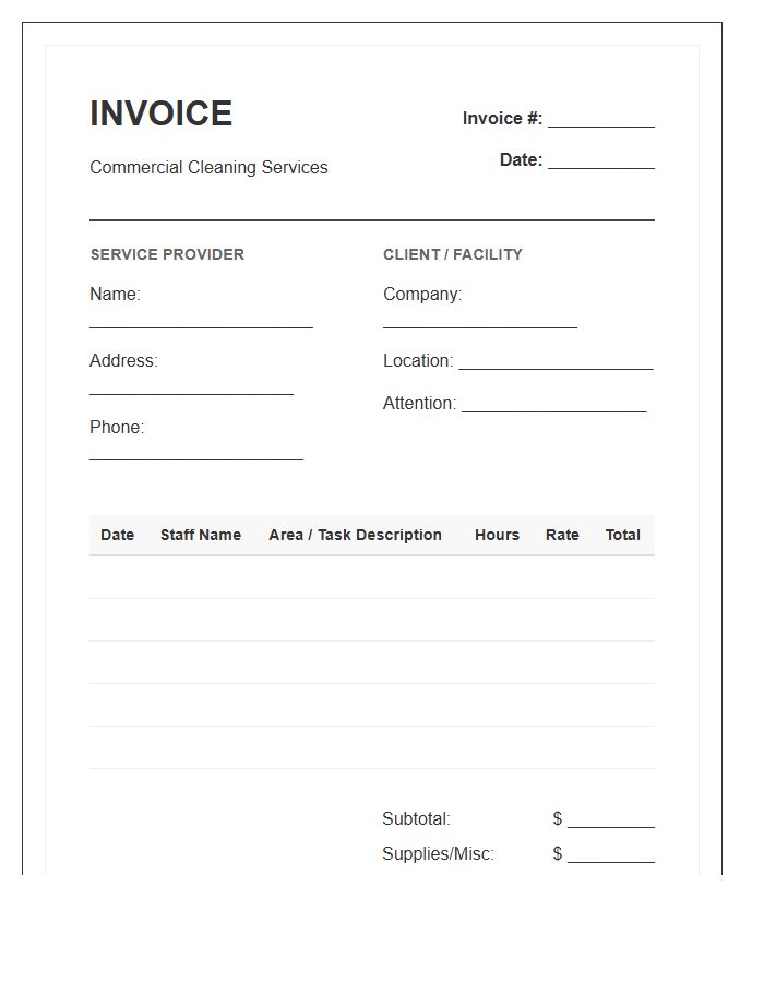 Commercial Cleaning Timesheet Invoice Template