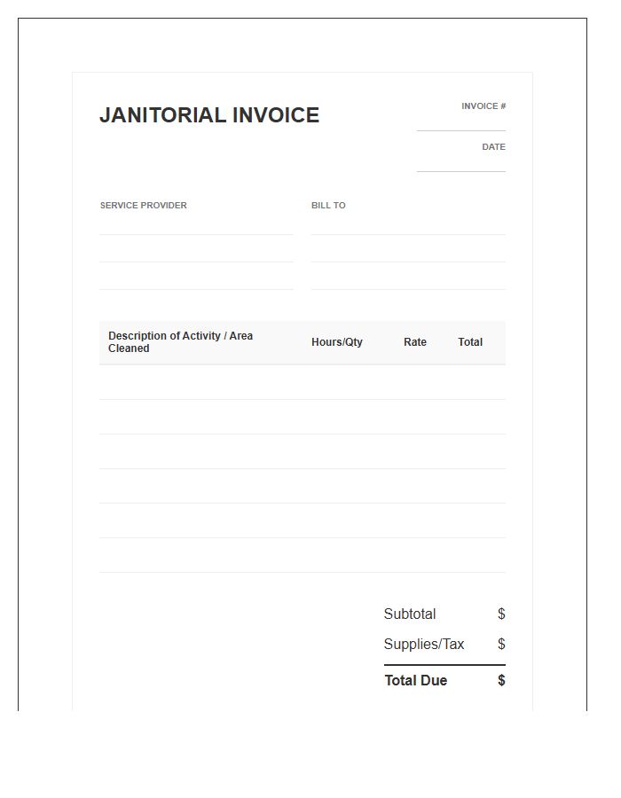 Daily Janitorial Activity Invoice Template