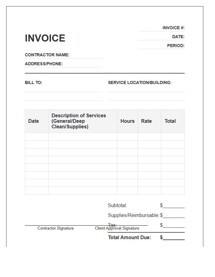 Janitorial Contractor Timesheet Invoice Template