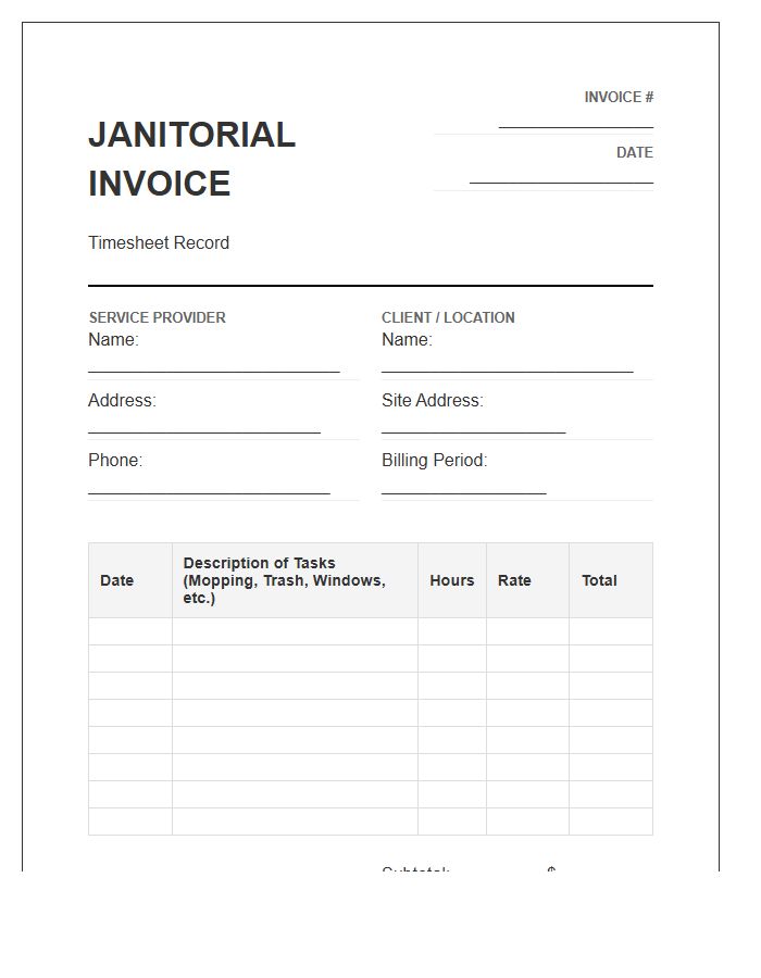 Janitorial Timesheet Record Invoice Template