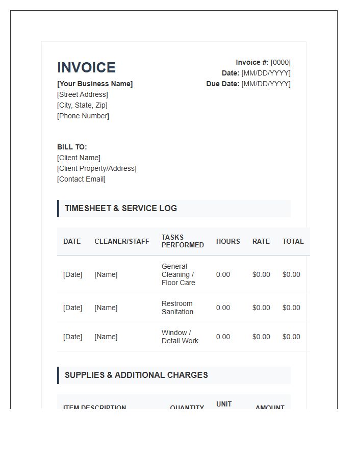 Professional Janitorial Invoice Template With Timesheet
