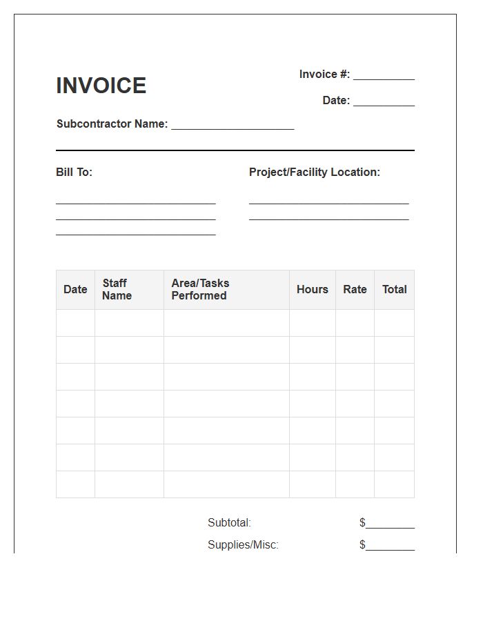 Subcontractor Janitorial Timesheet Invoice Template