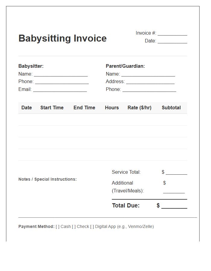 Babysitting Hours Tracking Invoice Template