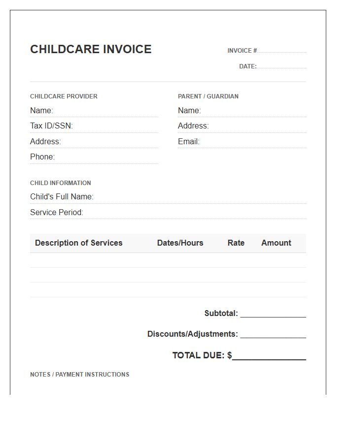 Childcare Expense Reporting Invoice Template