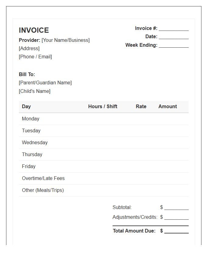 Childcare Professional Weekly Invoice Template