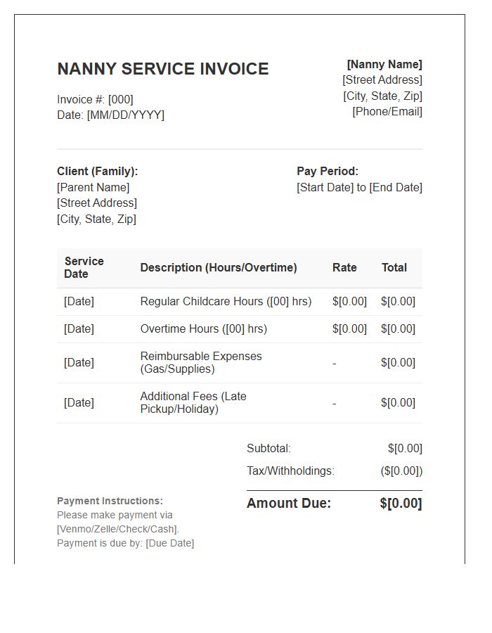 Comprehensive Nanny Pay Invoice Template