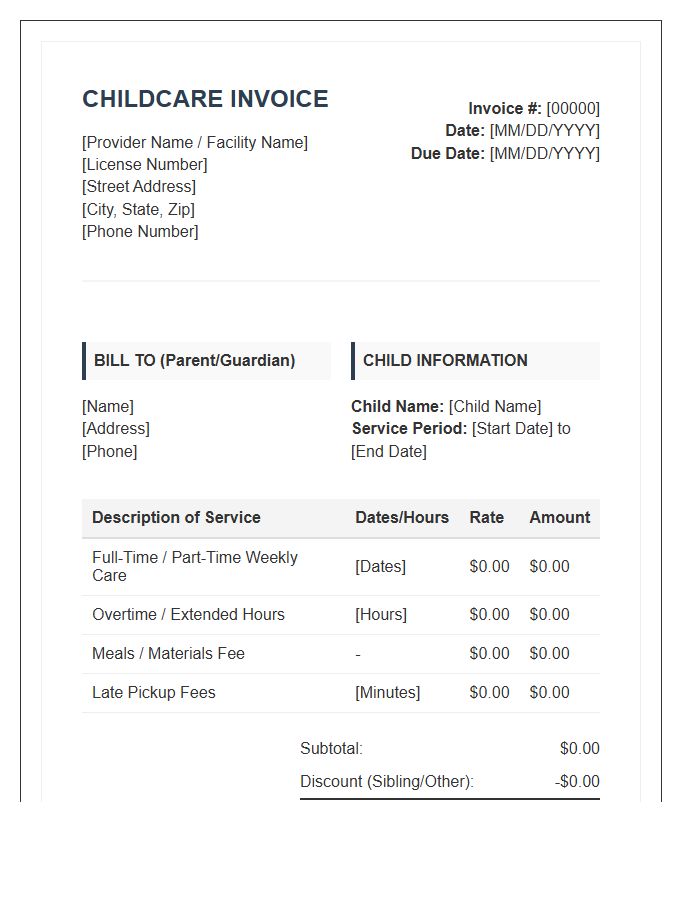 Detailed Childcare Provider Invoice Template