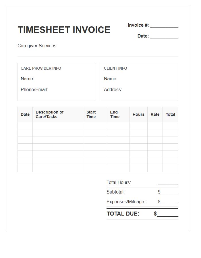 Digital Caregiver Timesheet Invoice Template