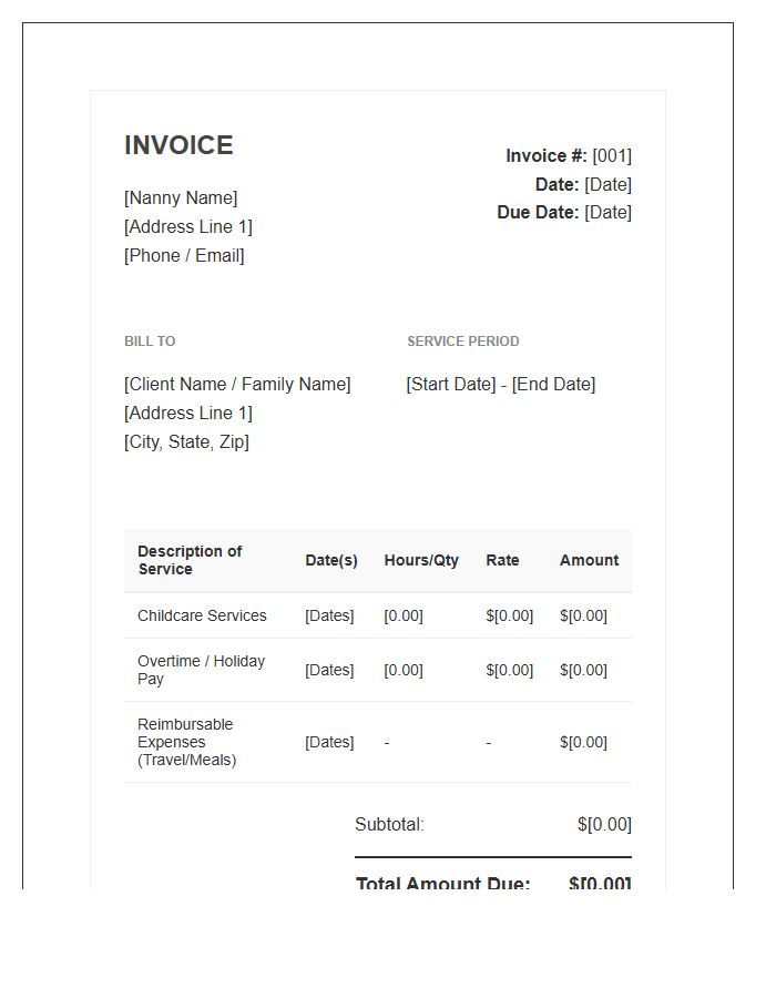 Formal Nanny Billing Invoice Template