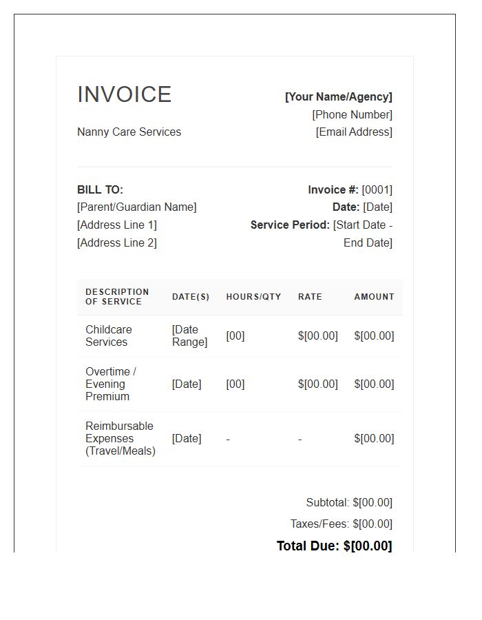 Premium Nanny Care Invoice Template