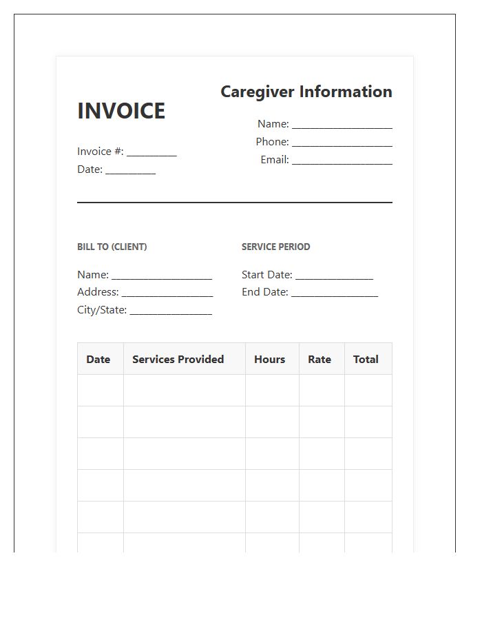 Professional Caregiver Timesheet Invoice Template