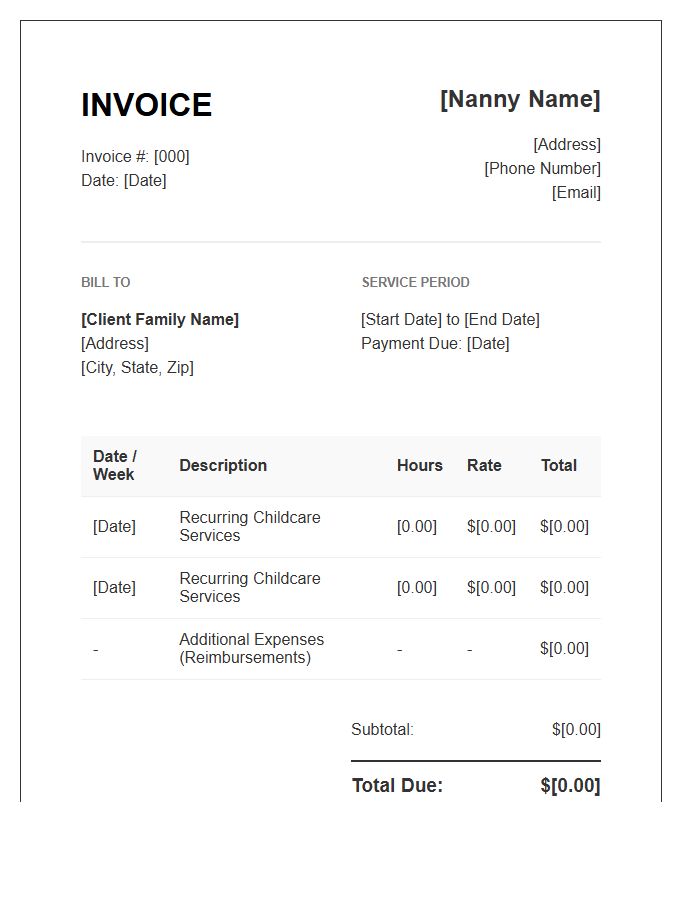 Recurring Nanny Service Invoice Template