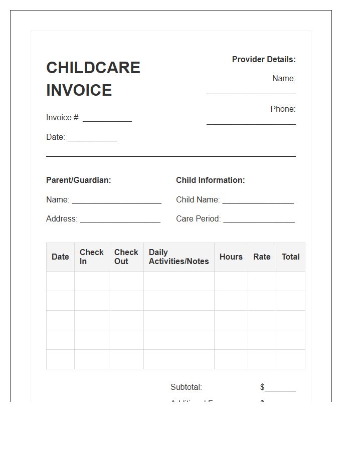 Structured Childcare Timesheet Invoice Template
