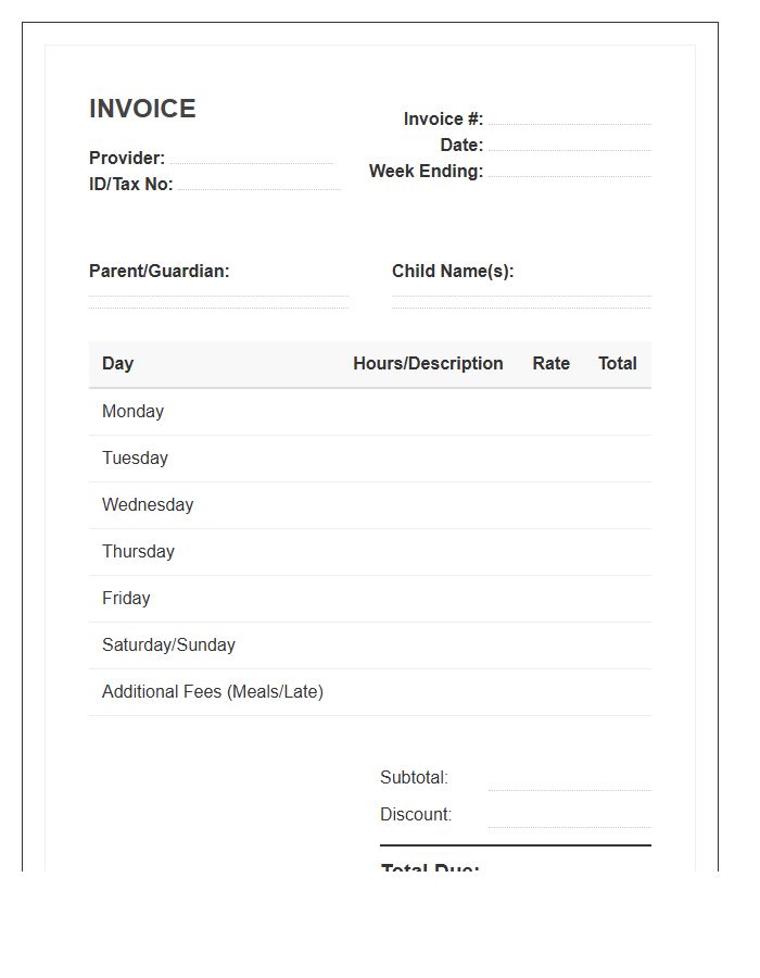 Weekly Childcare Service Invoice Template