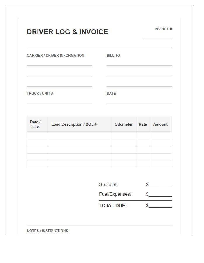 Box Truck Driver Log Invoice Template