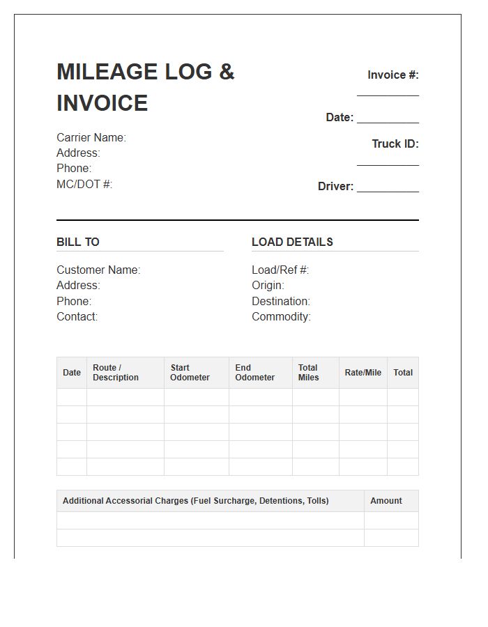 Commercial Trucking Mileage Log Invoice Template