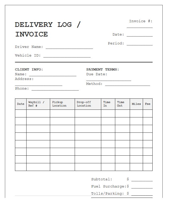 Courier Delivery Log Timesheet Invoice Template