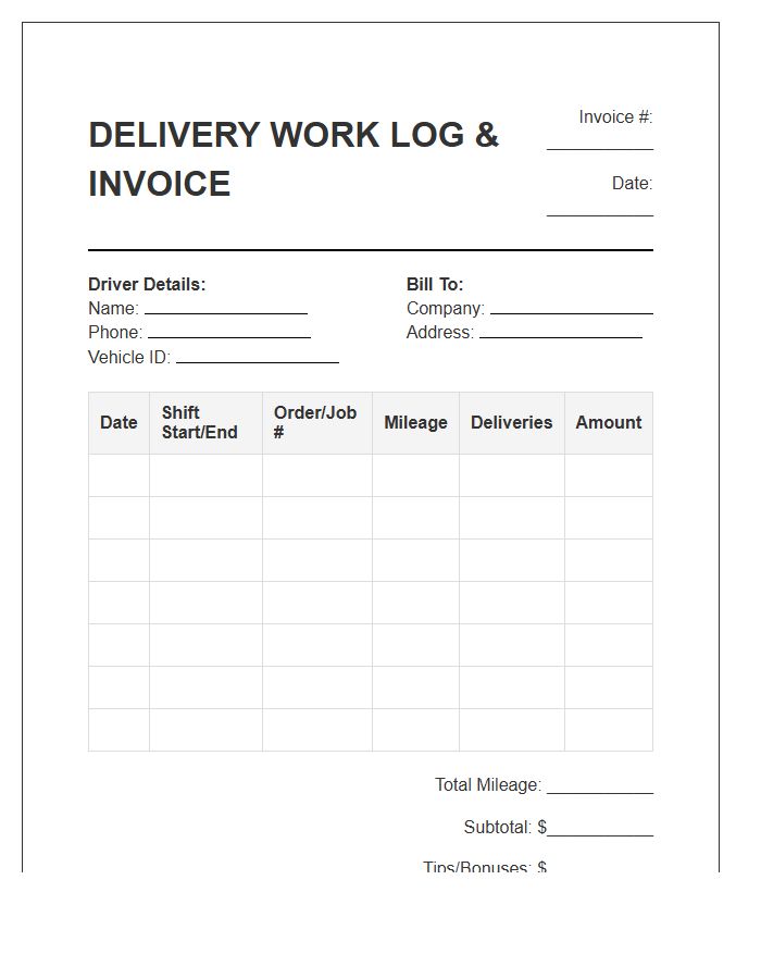 Delivery Driver Work Log Invoice Template