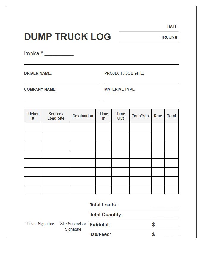Dump Truck Driver Log Invoice Template