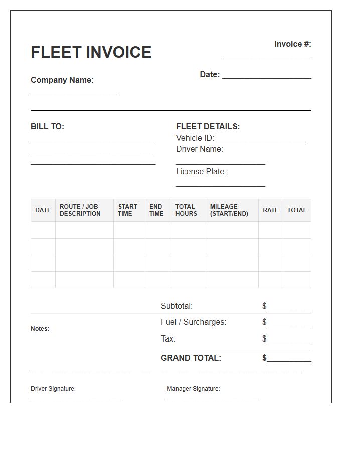 Fleet Management Log Timesheet Invoice Template