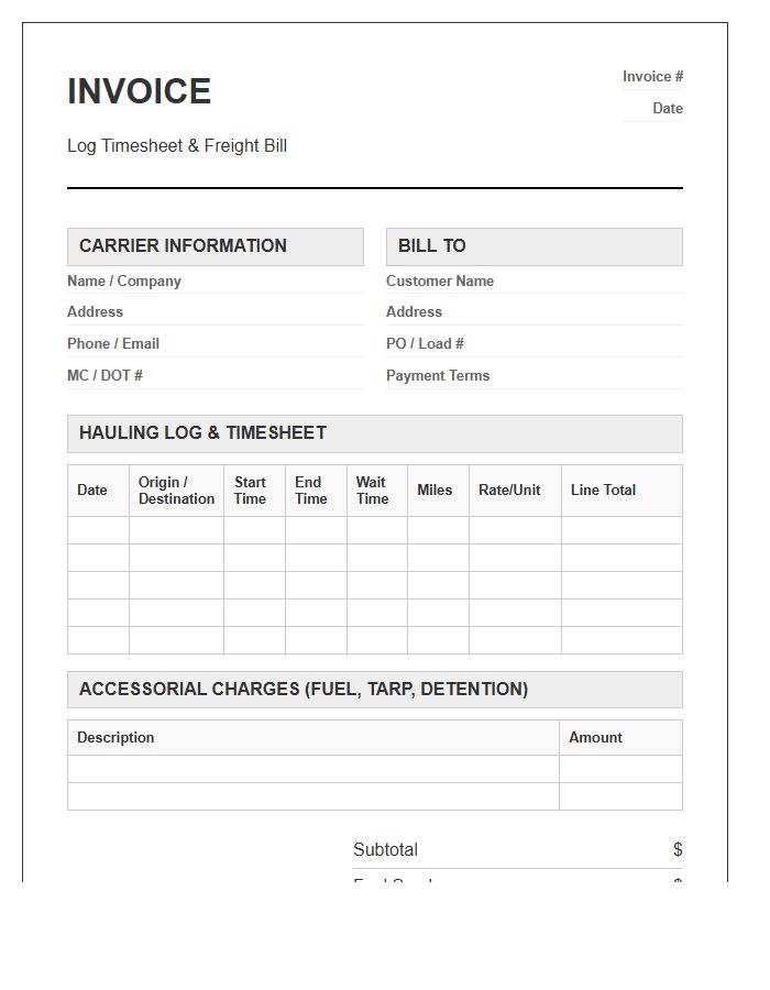 Freight Hauling Log Timesheet Invoice Template