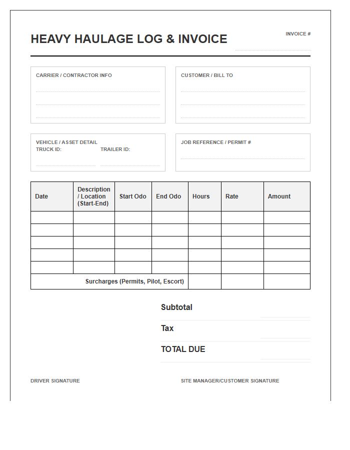Heavy Haulage Log Timesheet Invoice Template