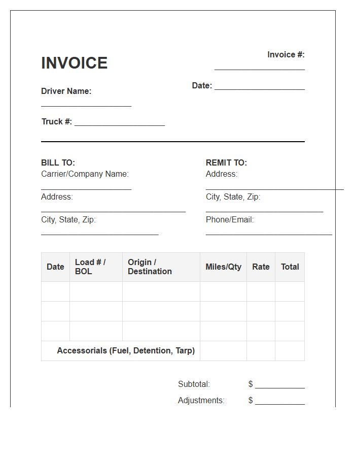 Independent Contractor Truck Driver Invoice Template