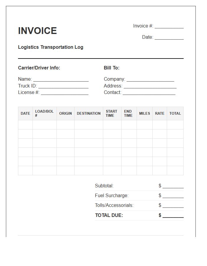 Logistics Transportation Log Timesheet Invoice Template