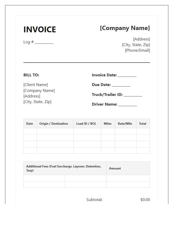 Long Haul Trucking Log Invoice Template