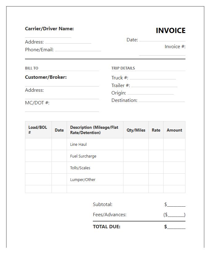 Over The Road Driver Log Invoice Template
