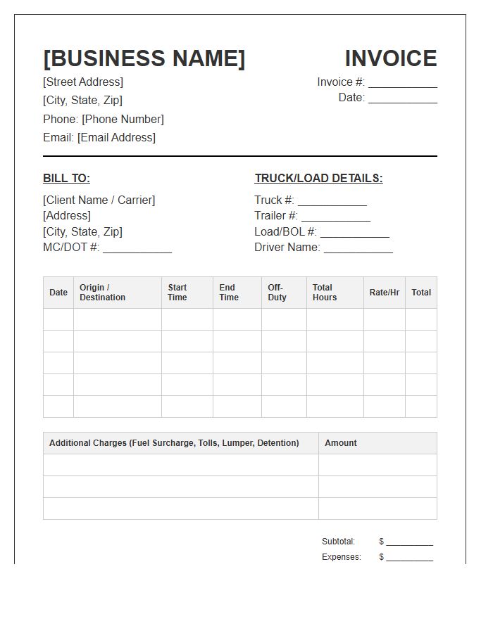 Owner Operator Trucking Log Timesheet Invoice Template