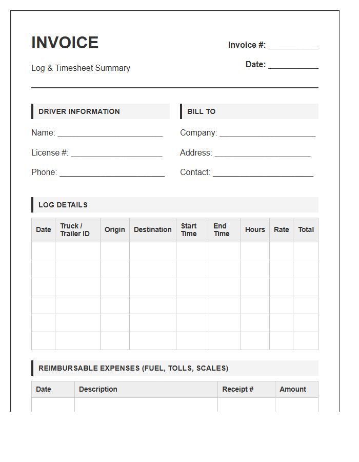 Professional Truck Driver Log Timesheet Invoice Template