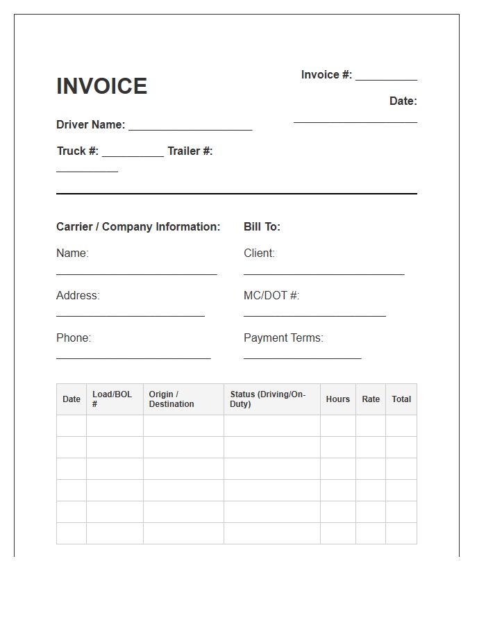 Semi Truck Driver Log Timesheet Invoice Template