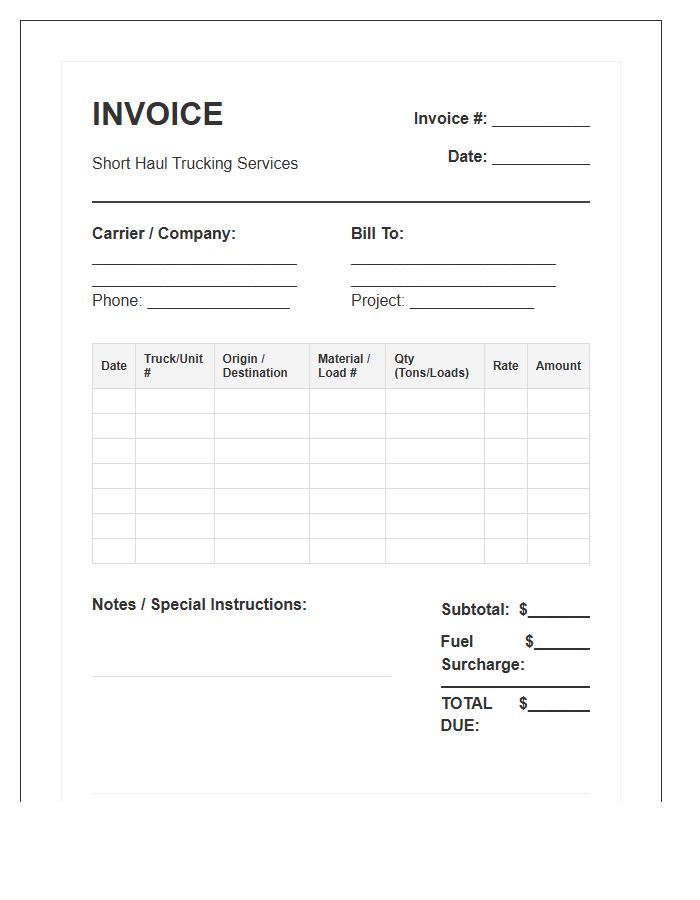 Short Haul Trucking Log Invoice Template