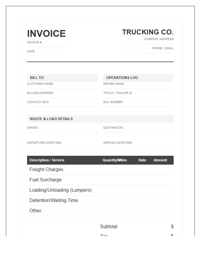 Trucking Company Operations Log Invoice Template